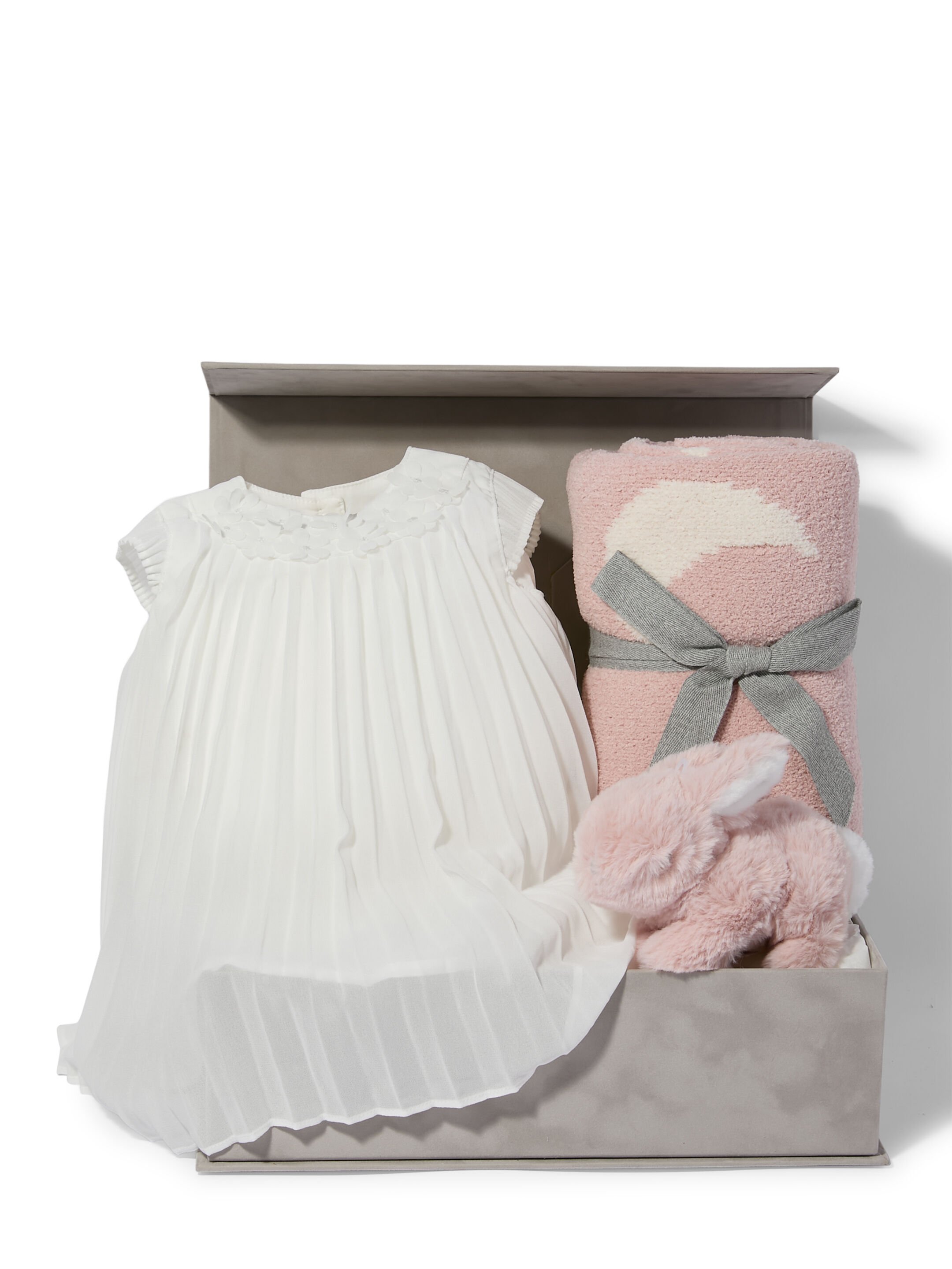 Pleated Dress - 4 Piece Gift Set with Soft Toy Treasured Pink Bunny and Chenille Blanket image number 1
